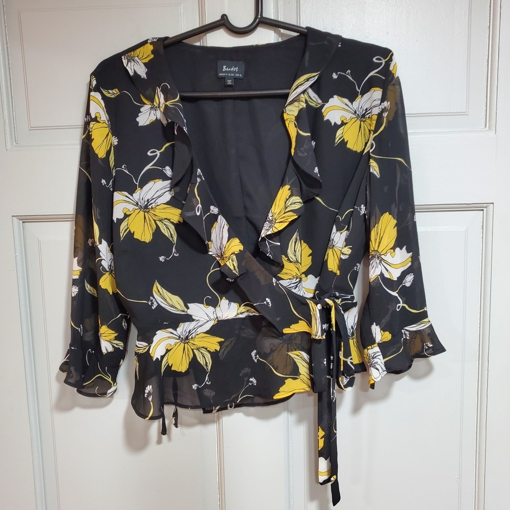 Bardot Women's Wrap Blouse Large‎ Black Floral V Neck Bell Sleeves Office Classy - Picture 2 of 14